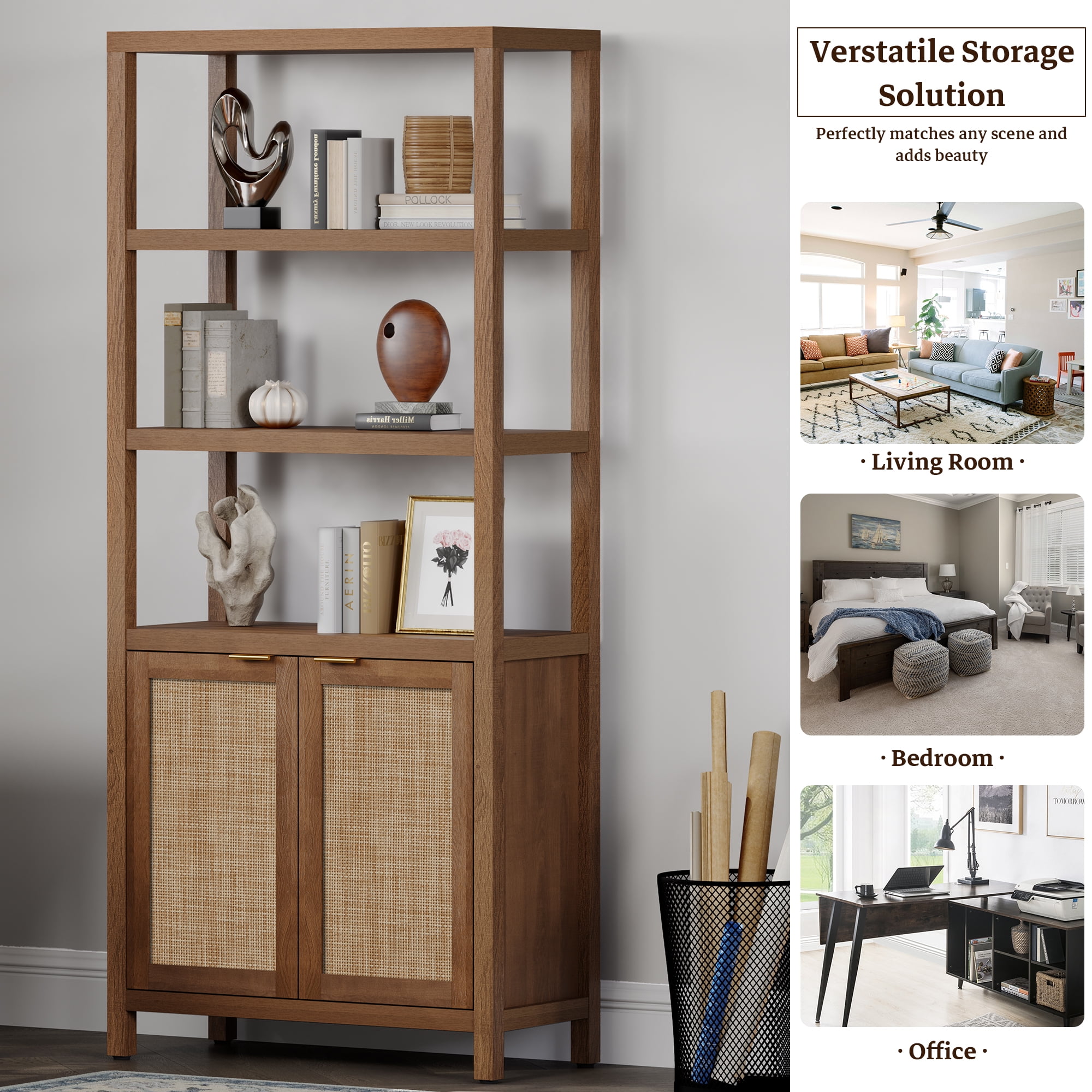 SICOTAS 71" Tall Bookcase with Doors, Boho 5 Tier Rattan Bookshelf Set of 3, Mid-Century Bookcase with Storage Cabinet for Living Room, Bedroom, Library & Home Office in Oak