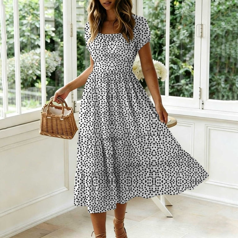 black and white polka dot chiffon dress White & Black Polka Dot Midi Dress - All Dresses