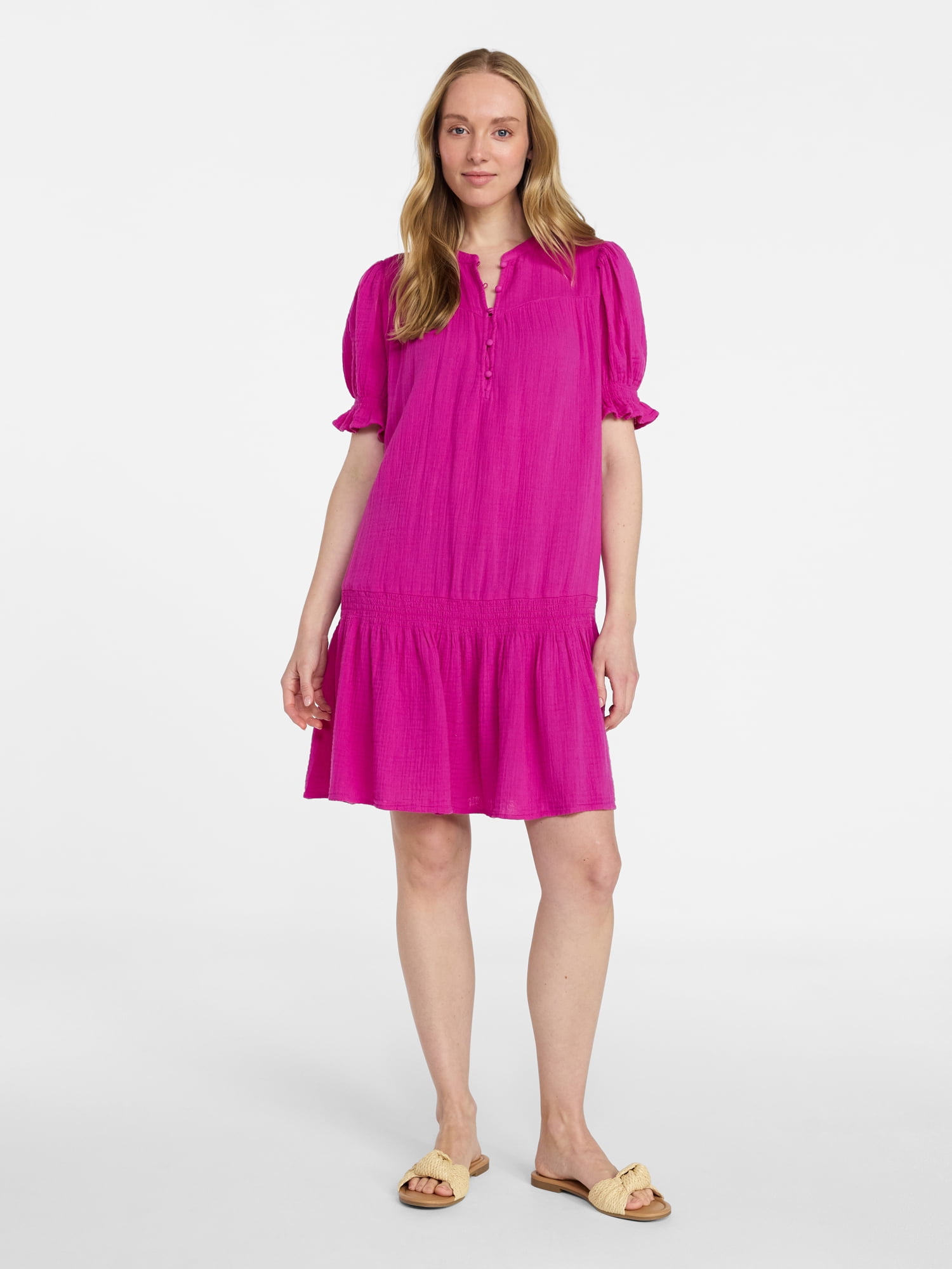 Time and Tru Women's Cotton Double Cloth Mini Dress with Drop Waist, Sizes XS-XXXL