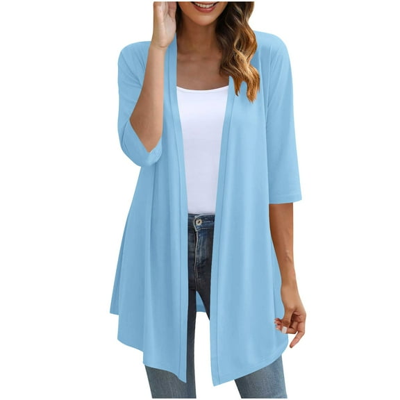 Wensltd Women's Casual 3/4 Sleeve Cardigan Lightweight Soft Open Front Summer Fall Flowy Tops