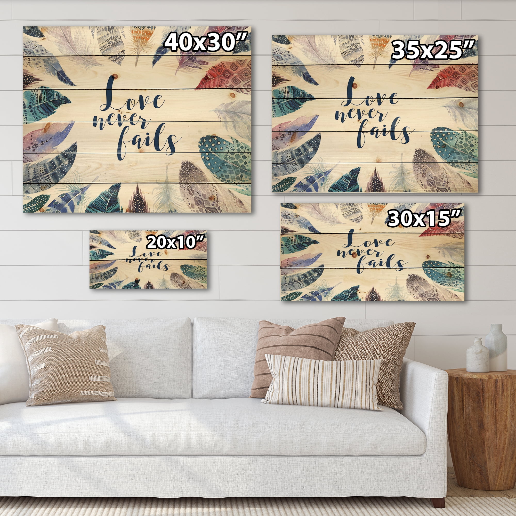 Designart 'Inspiring Quote With Boho Feathers' Bohemian & Eclectic Print on Natural Pine Wood
