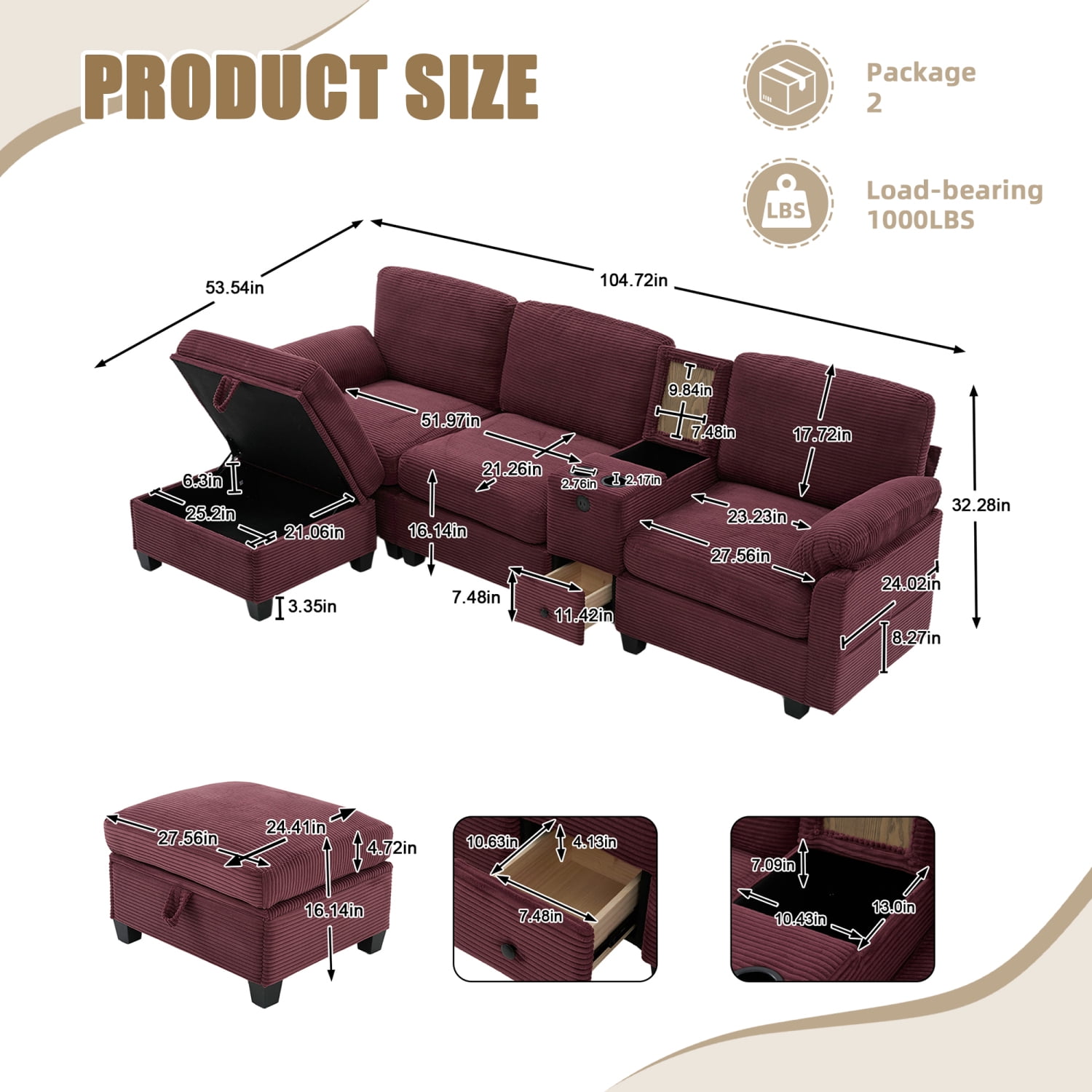 Leumius L-Shaped Sectional Sofa for Living Room,105" Modular 4-Seater Upholstered Sofa Couch with Cup Holder/USB Interface/Storage Box,Rose Red