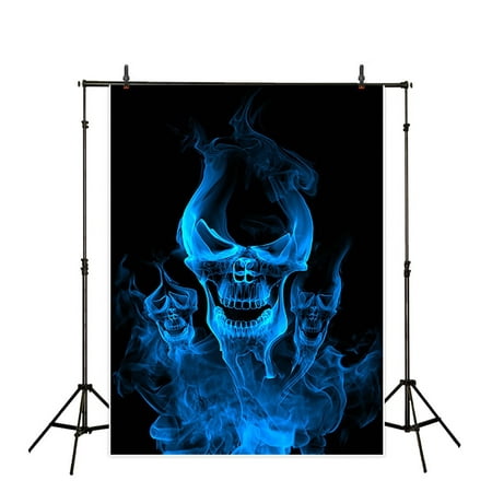 MOHome Polyster Halloween 5x7ft Theme terror party Backdrop background Computer Printed photography blue burnning flame skeleton skull head photo studio backdrops prop wallpaper mural