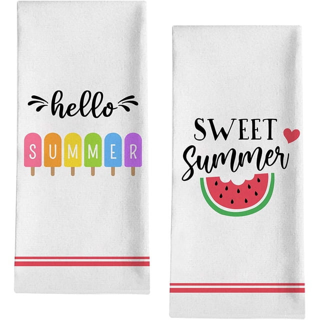 HTOOQ Hello Sweet Summer Decorative Kitchen Dish Towel, Watermelon Bath Fingertip Towel Tea Bar Hand Drying Cloth, Seasonal Popsicle Decor Sign Home Farmhouse Decorations 18” x 28” - -