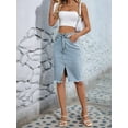 thumbnail image 6 of Women'S High Waisted Split Front Raw Hem Bodycon Midi Denim Skirt Light Blue L, 6 of 8