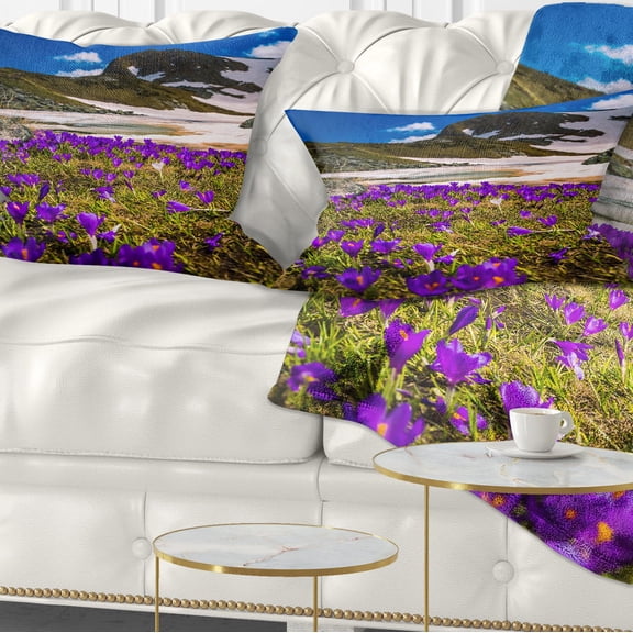 Designart Blooming Crocus Flowers in Rila Mountains - Landscape Printed Throw Pillow - 12x20