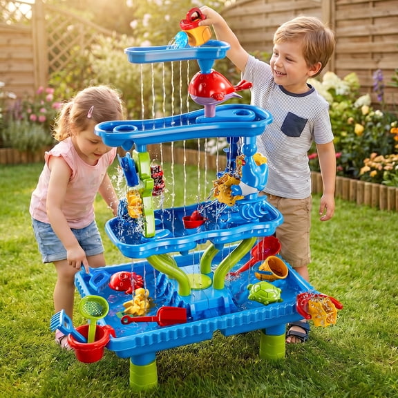 Lucky Doug 4-Tier Water Table Sand Beach Outdoor Toys, Kids Outdoor Toys Water Play Set for Toddlers Boys and Girls Ages 2-6 Years Old