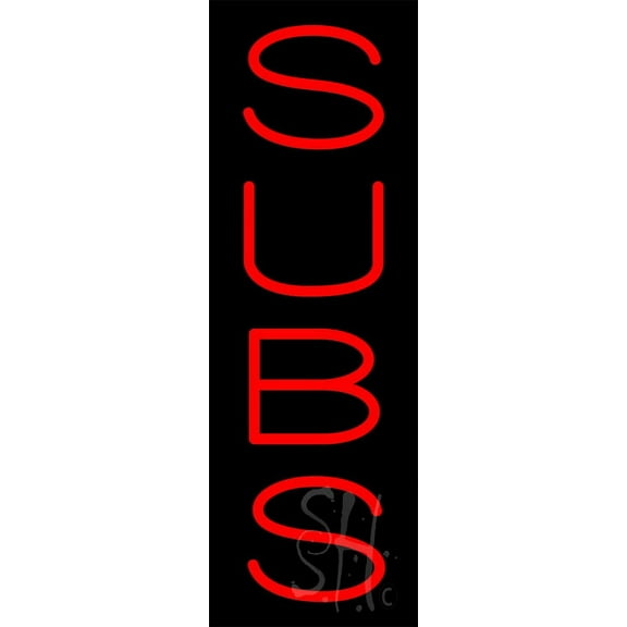 Vertical Red Subs LED Neon Sign 24" Tall x 8" Wide, Clear Edge Cut Acrylic Backing, with Dimmer - Bright and Premium built indoor LED Neon Sign for restaurant window and interior decor.