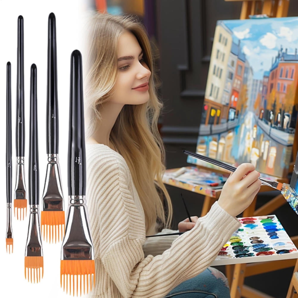 Ksruee Watercolor Brush Set 5 Pieces Artist Painting Comb Tools Flat Paint Brush Set for Adults Kids Beginners Travel Halloween Birthday Outdoor Studio Classroom Hobbies