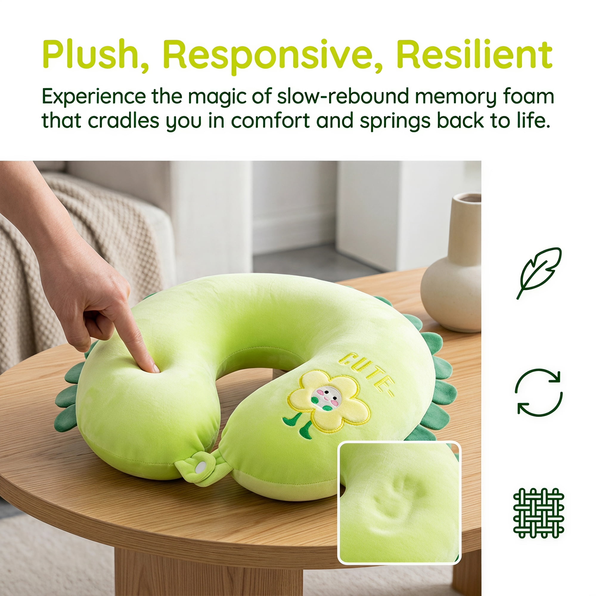 Unique Bargains Memory Foam Neck Pillow U Shape Sunflower Neck Pillow Green 12"x12"