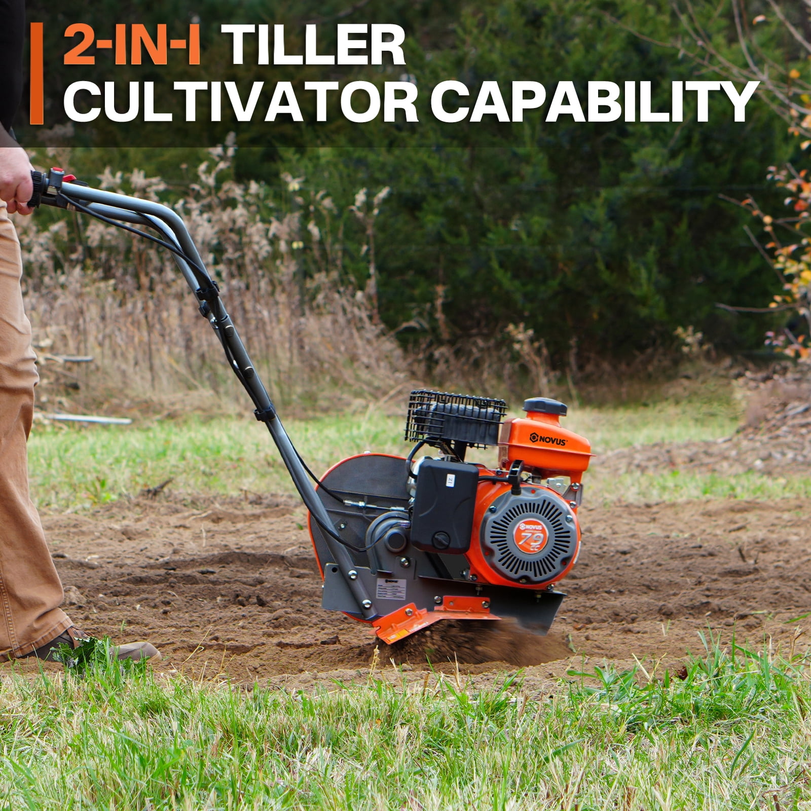 NOVUS 2 in 1 Gas Tiller Cultivator with 79cc 4-Cycle Engine, 9"-17" Tool-Free Tilling Width Adjustment, 24 Steel Tines, Never-Flat Wheels,Front Tine Gardon Tiller for Lawn, Field Soil Cultivation