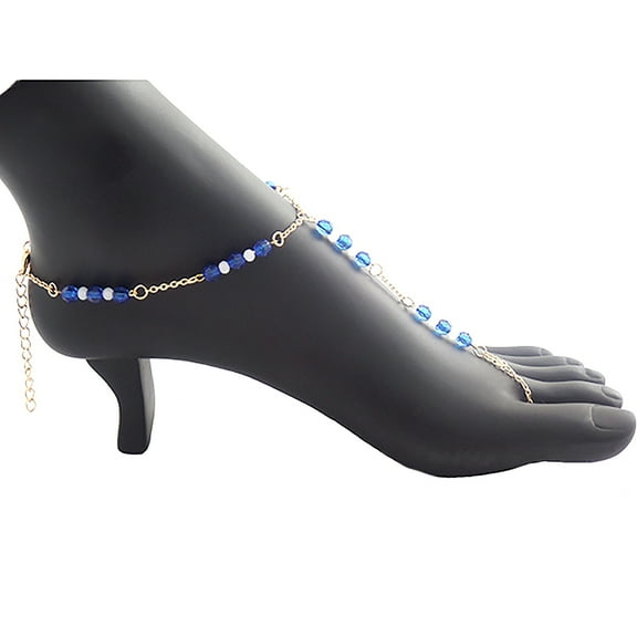 Gold Blue Glass Beads Foot Chain Anklet Jewelry, Barefoot Sandals Set