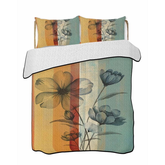 Flower Quilts Bedding Set Twin Size Green Yellow Floral Leaves Lightweight Quilted Bedspread 3 Piece Bed Quilt with 2 Pillow Shams All Season for Bedroom 68" x 86"