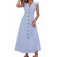 thumbnail image 3 of Women's Striped V-Neck Ruffle Sleeve Button Front Waist Belt Maxi Dress Blue S, 3 of 10