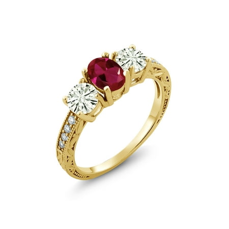 18k Ruby Ring - 18K Yellow Gold Plated Silver Ring Red Created Ruby Created Moissanite KLM 1.00ct DEW
