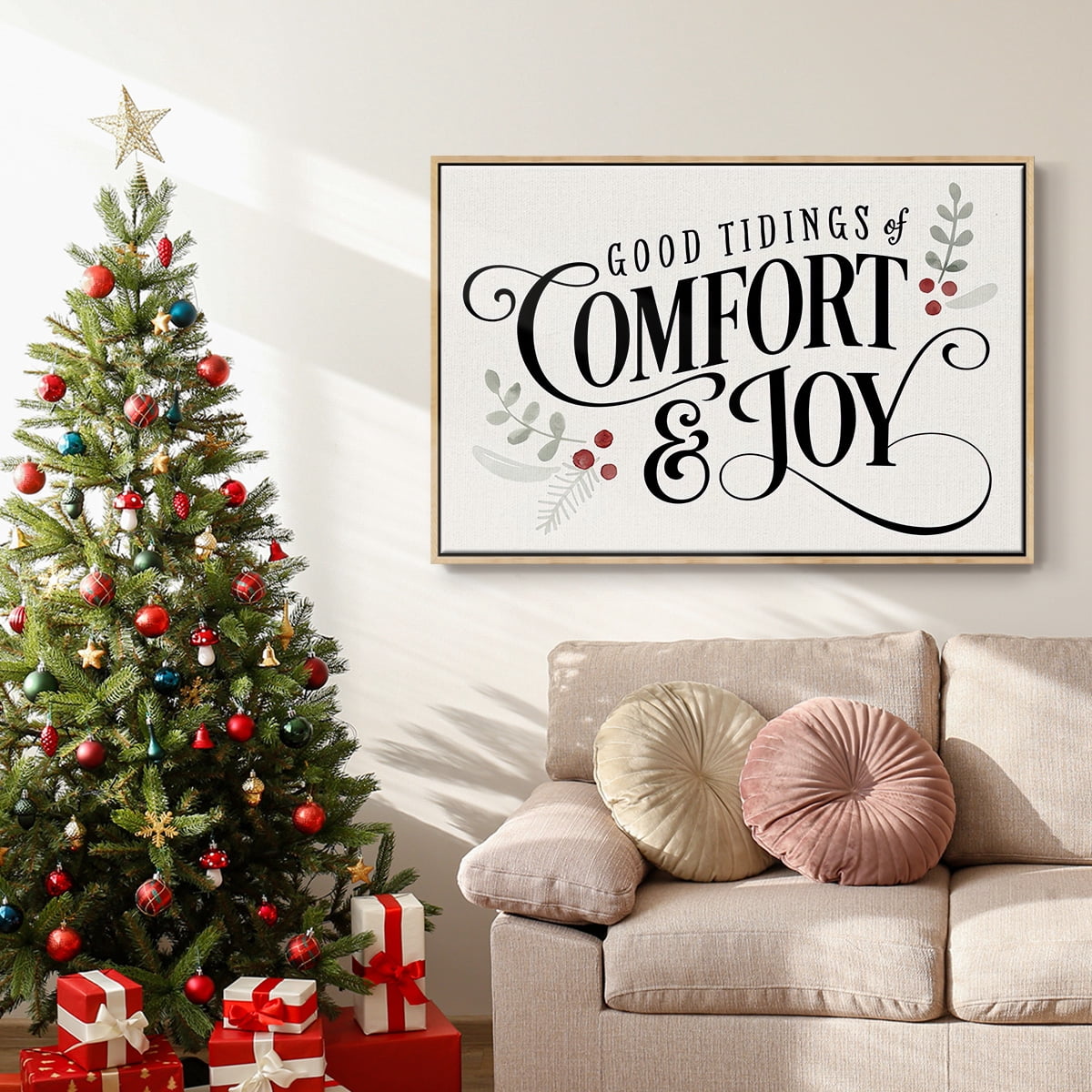 Merry Sentiment I - Framed Gallery Wrapped Holiday Canvas - 17 x 25 - Natural Wood Frame