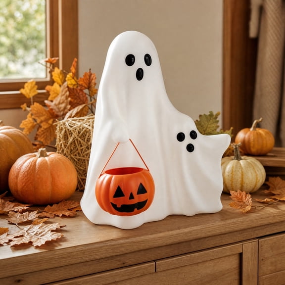 Halloween Cute Ghost LED Lamp – Resin Ghost Figurine with Pumpkin Bucket – Spooky Night Light for Indoor Fall Tabletop Decor