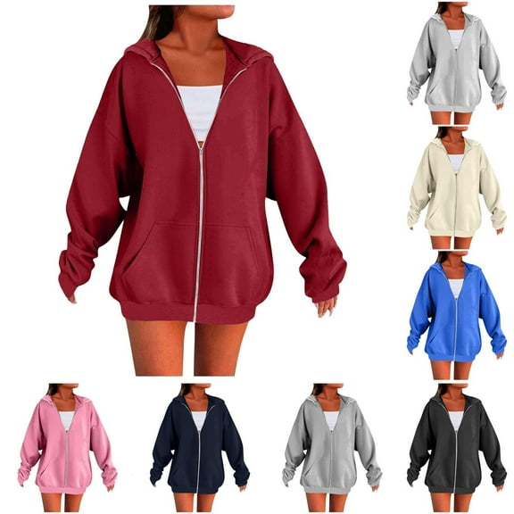 XUNKUSGA Hoodies For Women Zip Up Lightweight Solid Color Long Sleeve Jackets For Women Fashion Basic Casual Sweatshirt For Women with Slant Pockets S-2XL