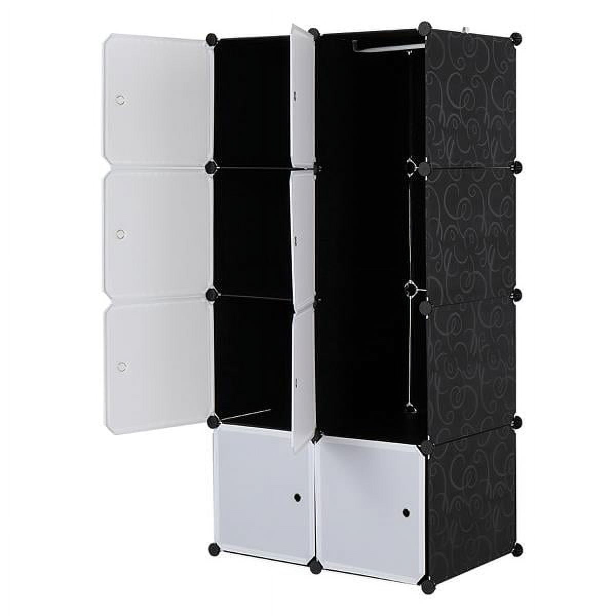 White/Black 8-Cube Stackable Plastic Storage Shelves - Modular Closet Organizer with Hanging Rod & Doors, Multifunctional for Bedroom, Living Room & Kids Room