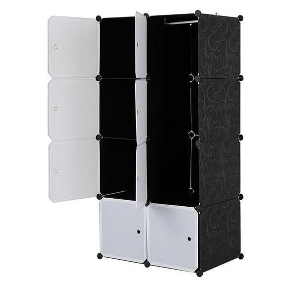 Knocbel 8-Cube Plastic Cube Closet Multi-purpose Stackable Storage Organizer with Shelves and Hanging Rod for Clothes Suit Long Coat, 27.6"W x 17.7"D x 56.7"H White Doors and Black Panels