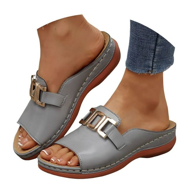 Dakaela Womens Orthopedic Sandals Arch Support Wedge Platform Shoes Summer Casual Slides Grey 7.5