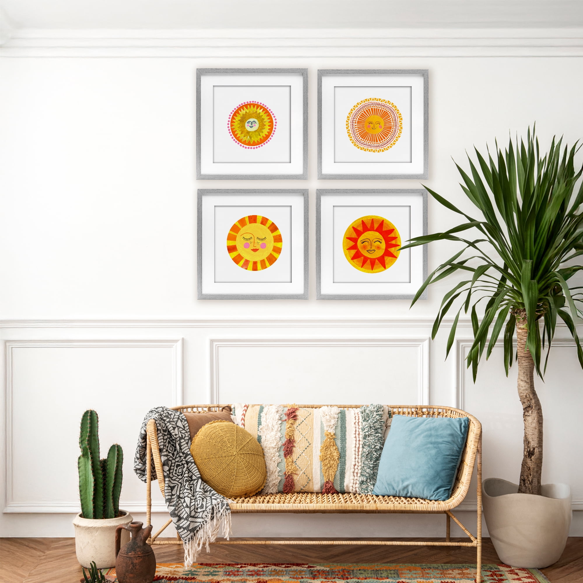 Stupell Industries Whimsical Smiling Suns 4 Piece Gray Framed Print Under Glass Set, design by Katherine Herrell Studio