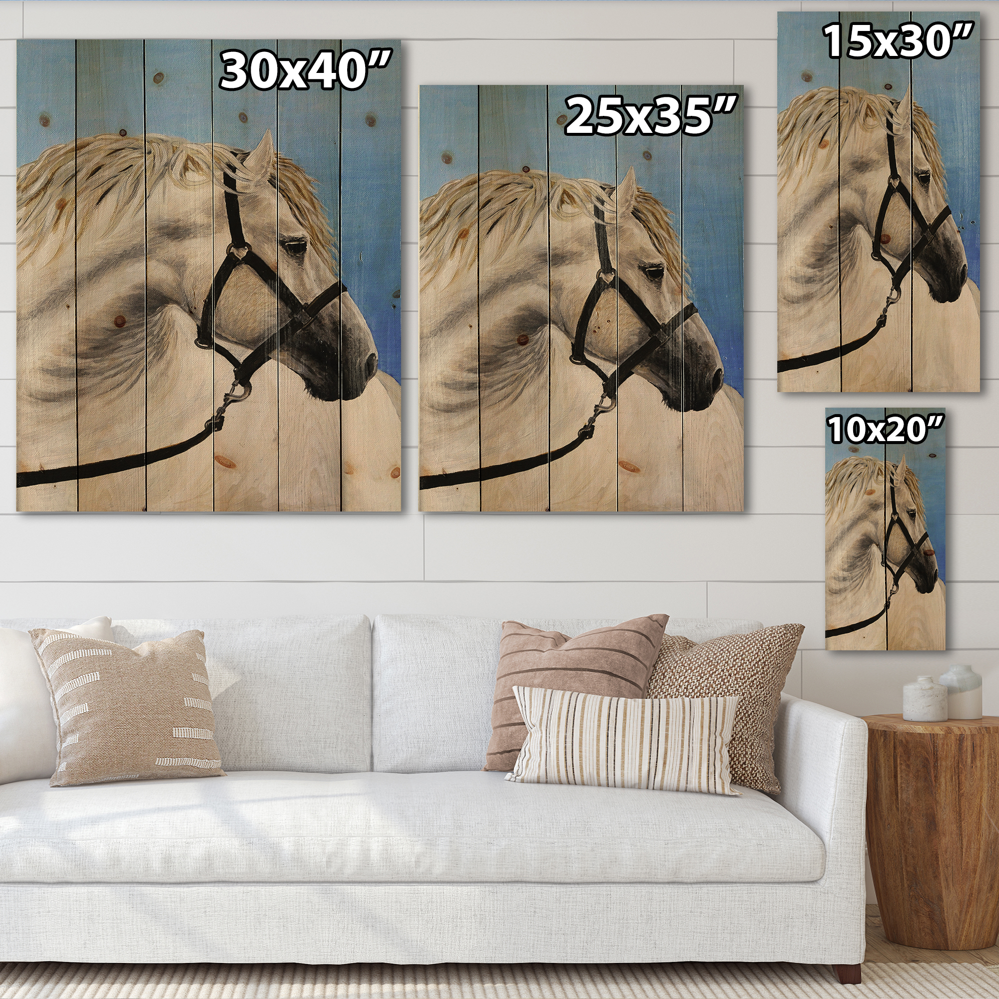 Designart 'Close Up Of White Horse In The Furrow' Farmhouse Print on Natural Pine Wood