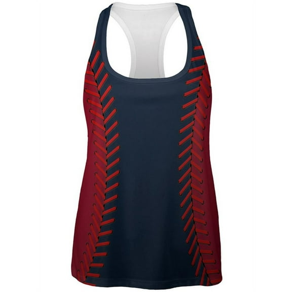 Baseball League Navy Blue and Scarlet All Over Womens Work Out Tank Top Multi MD