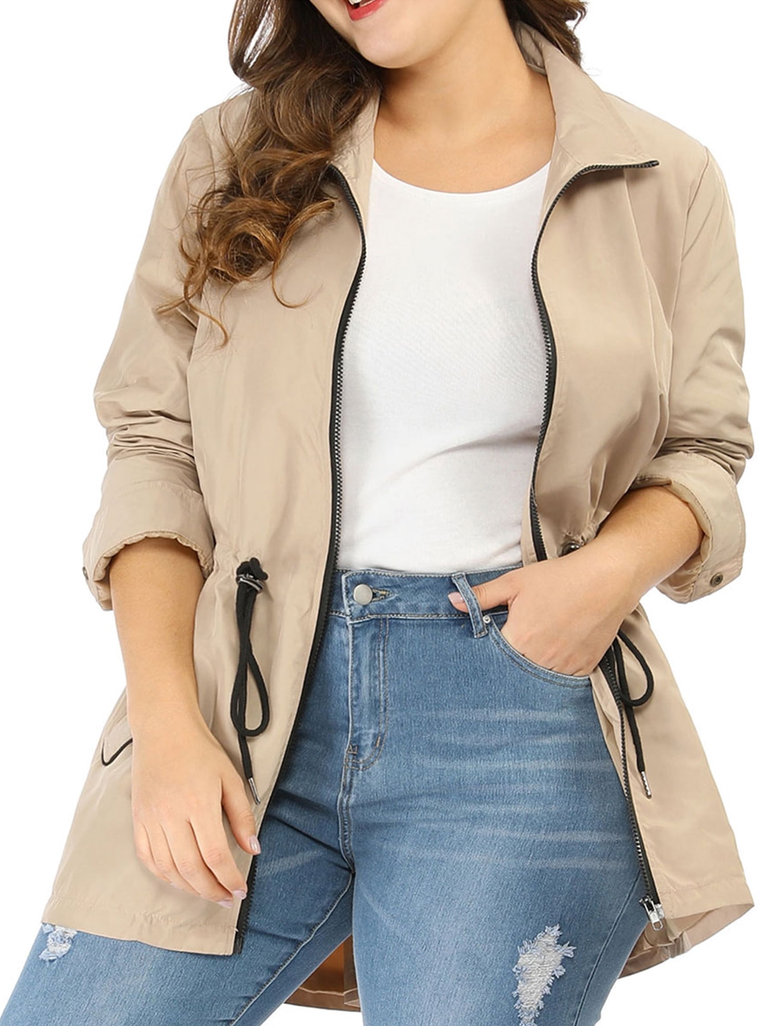 Women's Plus Size Zip Up Drawstring Utility Light Jacket Beige