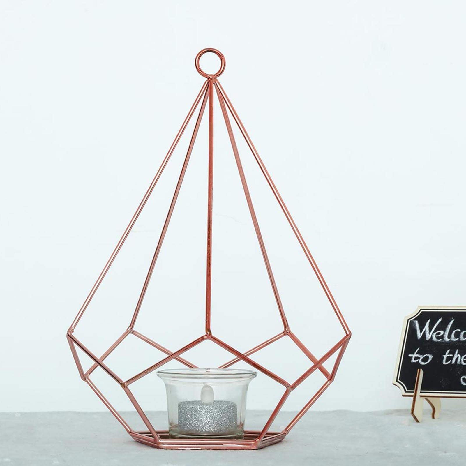 Efavormart 2 Pack Rose Gold 9" Metal Pentagon Geometric Tealight Candle