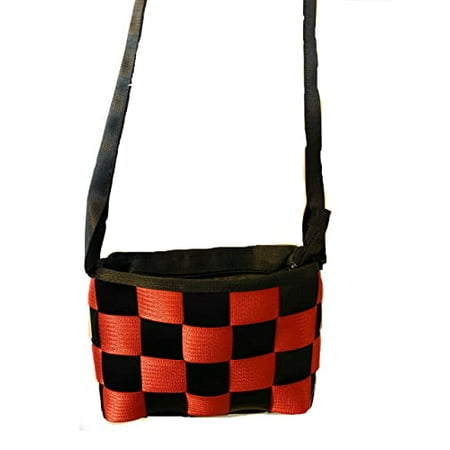 Seat Belt Messenger Purse in black and burnt orange with cross body strap  washable  various linings available