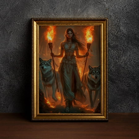 Hecate Guardian Of The Night, Greek Mythology Wall Art,Gothic Hecate Portrait,Goddess Of The Underworld,Hecate And Wolfs,Witch Decor Poster, F038.8, 8x12 UNFRAMED