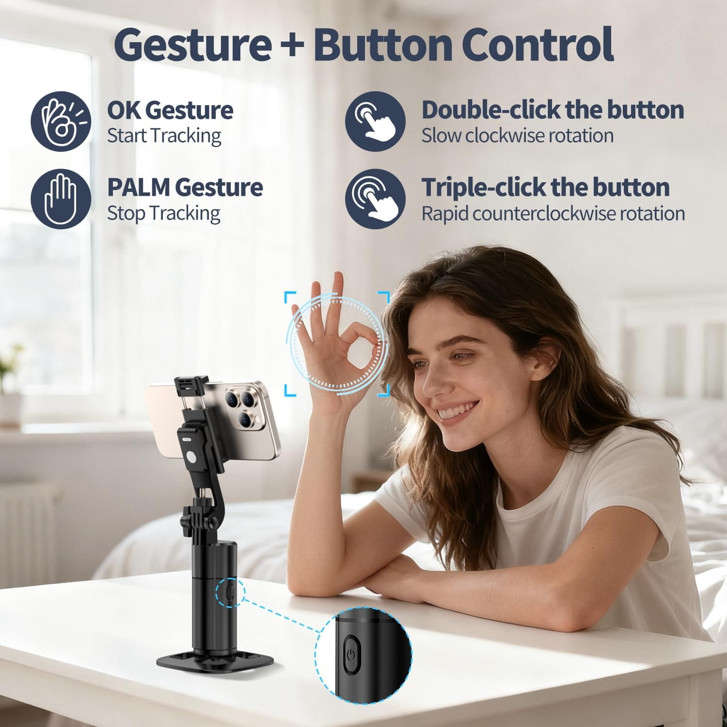 Auto Face Tracking Tripod 360 Rotation iPhone Desk Stand. Cell Phone Photo Vlogging Kit with Remote & Gesture Control. Rechargeable Smart Shooting Selfie Fill Light Stand for Live Record No App