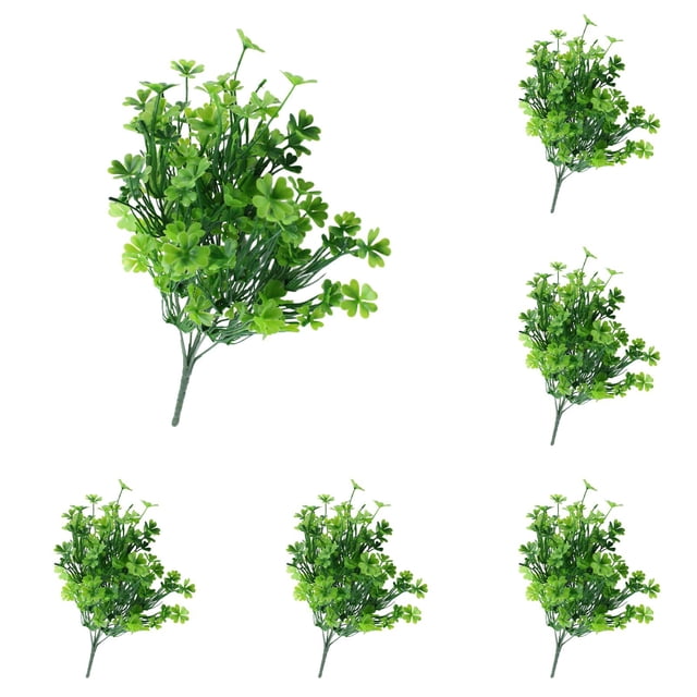 6 Packs Artificial Greenery Set with Four Leaf Clover, Plastic Flower Bouquets, Green Stems for St. Patrick's Day Spring Decorations, Wedding, Festival, Outdoor/Indoor Use
