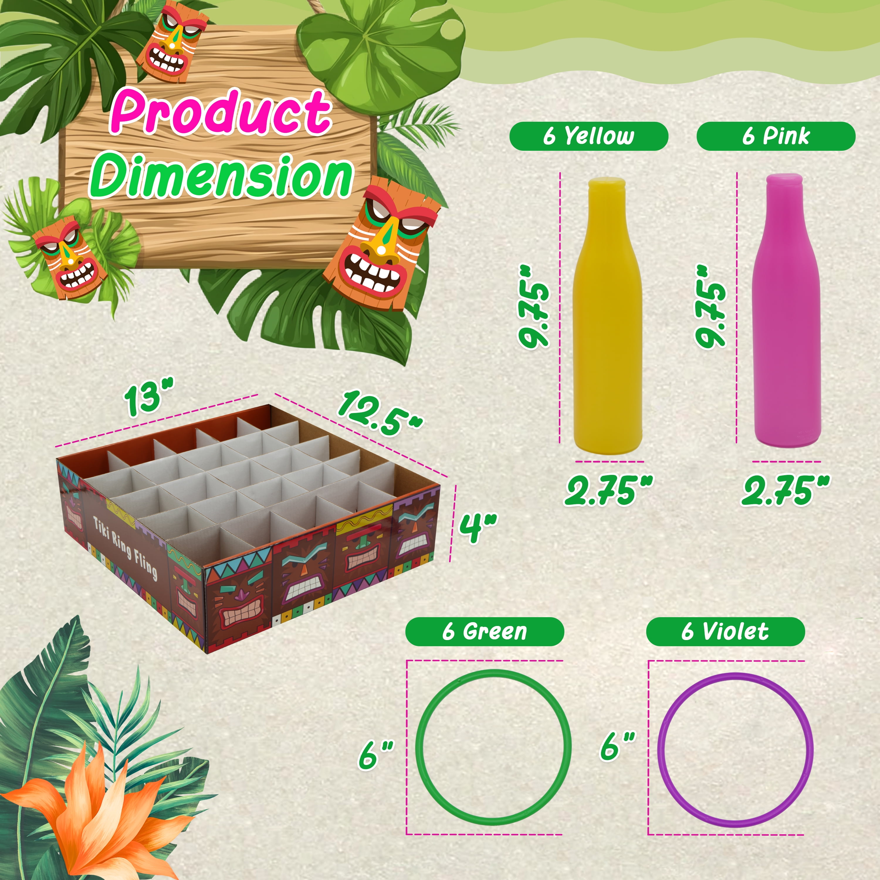 4E's Novelty Tiki Bottle Ring Toss Game Set, 12 Colorful Bottles, Luau Party Games