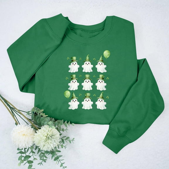 St. Patrick's Day Sweatshirt for Women Leprechaun Ghost Graphic Crewneck Long Sleeve Loose Fit Festive Apparel Soft Pullover Holiday Gift