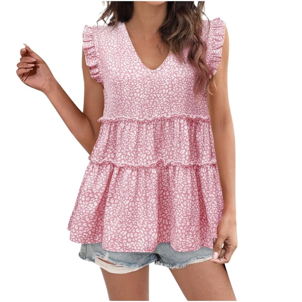 Tops Para Mujer Blusa Casual Elegante Moda Causal Cuello en V Estampado Floral Manga Con Volantes Camiseta Sin Mangas Odeerbi ODB160370