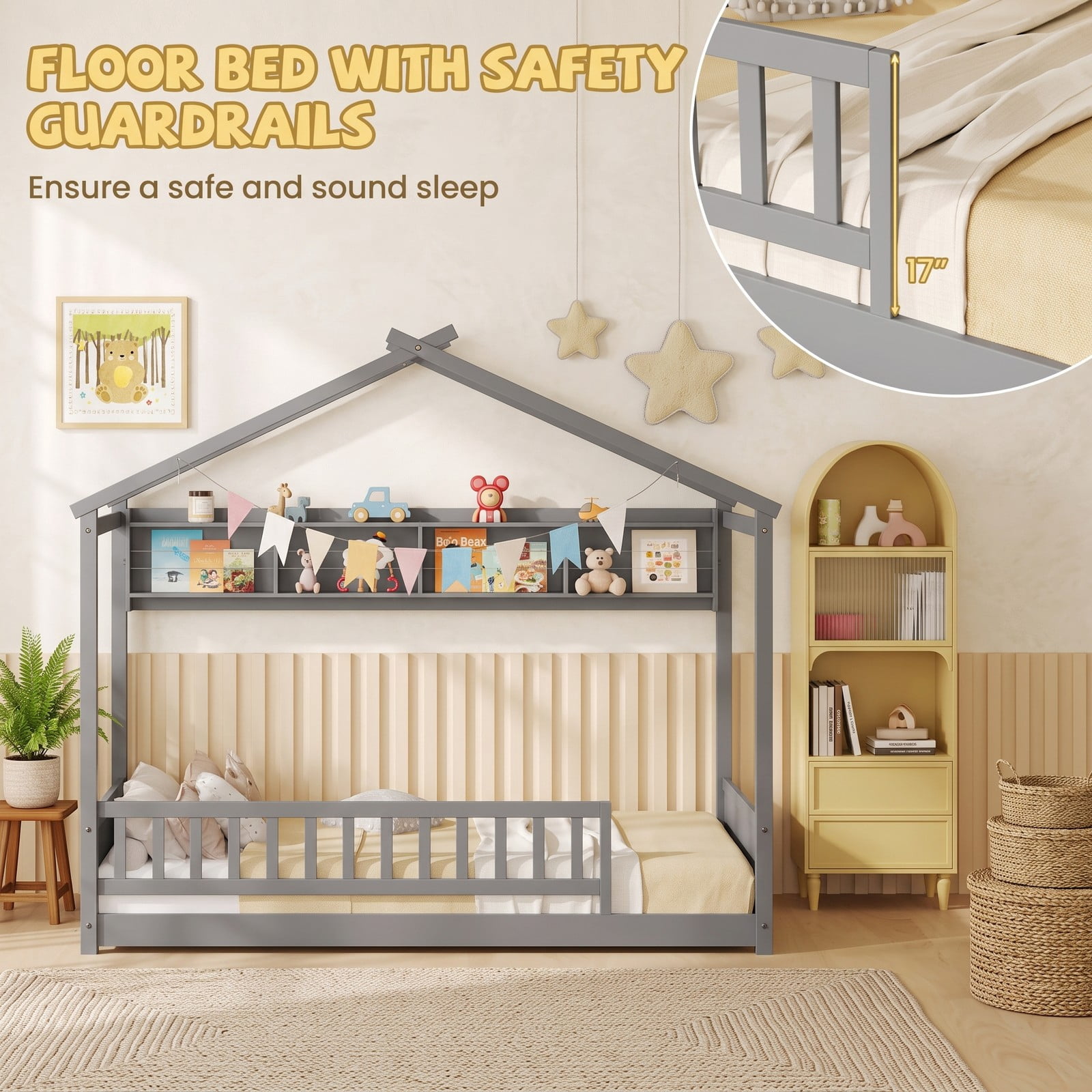 Furnibear Twin Bed Frame with Headboard, House Bed with 4 Cube Storage Shelf and 17 Inch Safety Guardrails for Kids Room, Gray