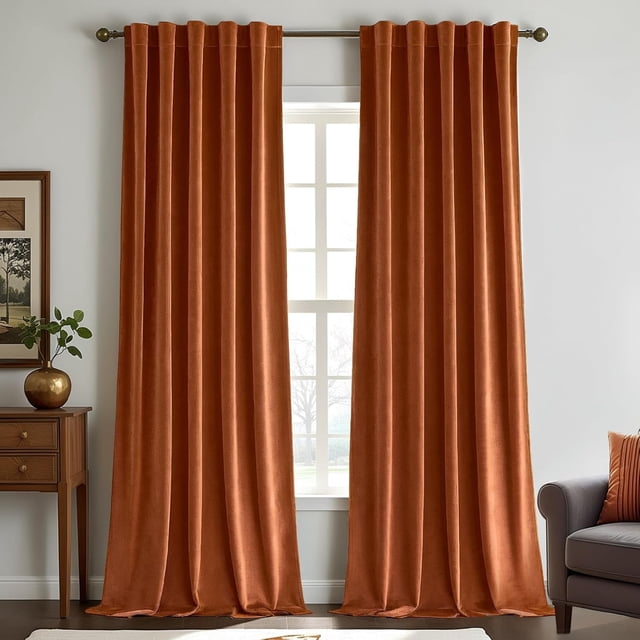 PinesC Burnt Orange Back Tab & Rod Pocket Velvet Curtains 102 Inches Long 2 Panels Set, Classical Thermal Insulated Light Blocking Floor to Ceiling Window Drapes for Bedroom Living Room Privacy