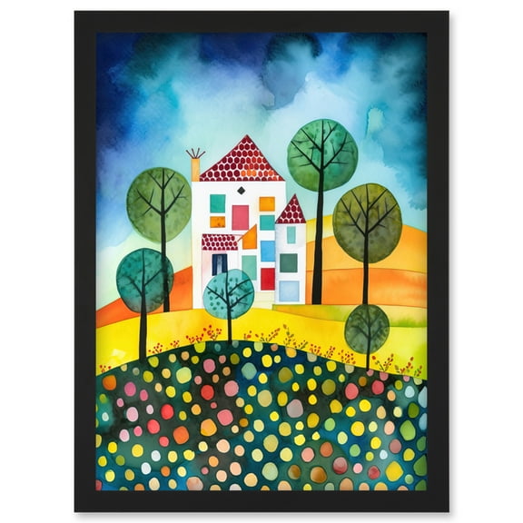 Abstract House And Garden Folk Art Artwork Framed Wall Art Print A4