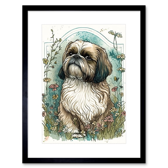 Shih Tzu Dog with Wildflowers Modern Art Nouveau Inspired Illustration Artwork Framed Wall Art Print 9X7 Inch