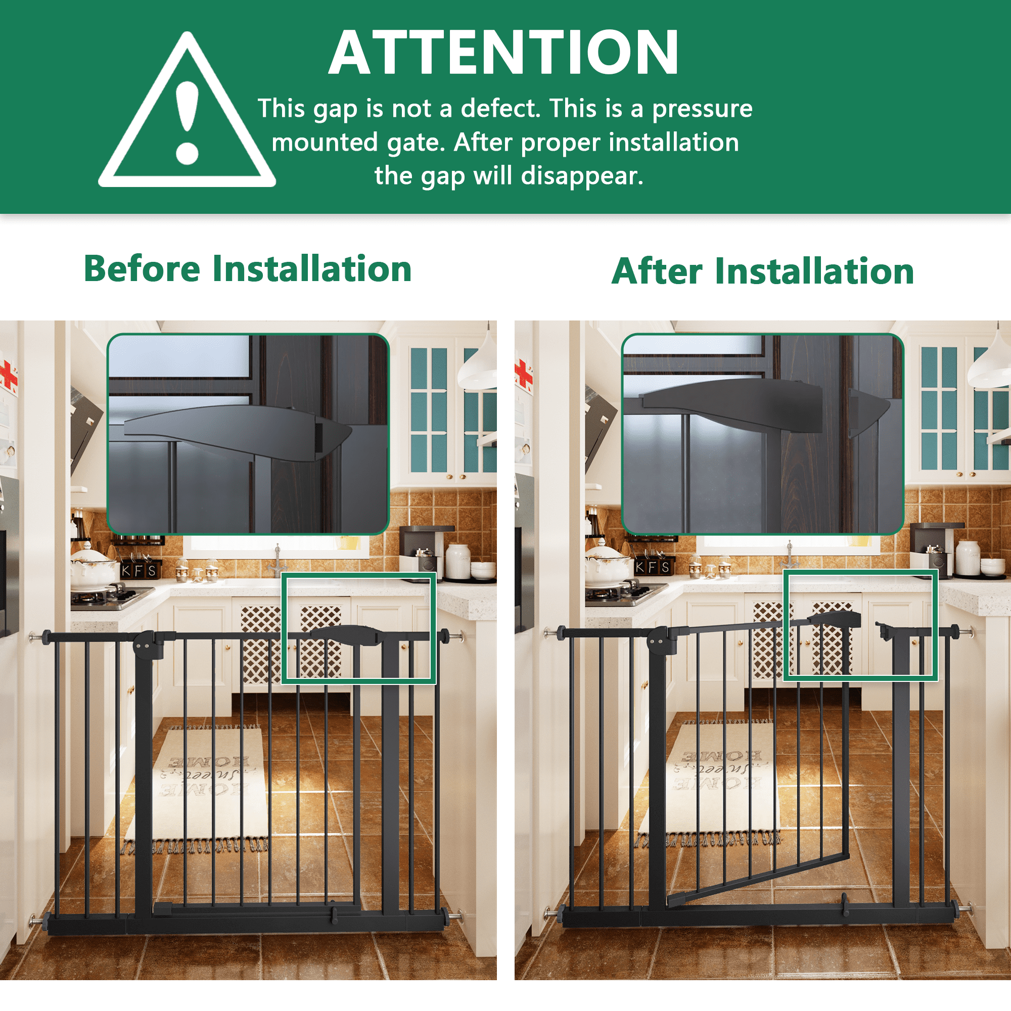 LuckyNote Adjustable Dog Gate for Stairs & Doorways, 29.5-44.1" Wide Pressure Mounted Pet Gate, No Drilling Easy Walk Through Safety Gate – Black