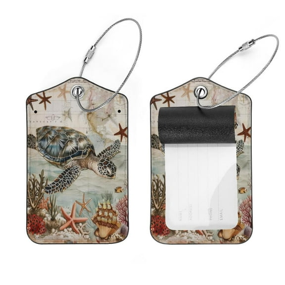 PhooArto 2 Pcs Sea Turtle Vintage Map Luggage Tag for Suitcases, Leather Baggage Tags Identifiers for Travel, Stainless Steel Loop Name ID Label for Women Bag Backpack