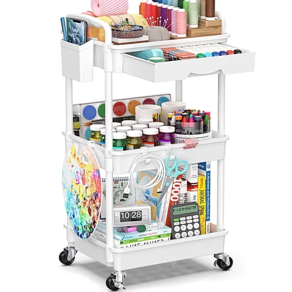 3 Tier Rolling Utility Cart with Removable Drawer, Bathroom Storage Organizer with 2 Lockable Wheels, Mobile Shelving Unit for Kitchen, Office, Snack, Craft, Makeup, Baby Essentials, White