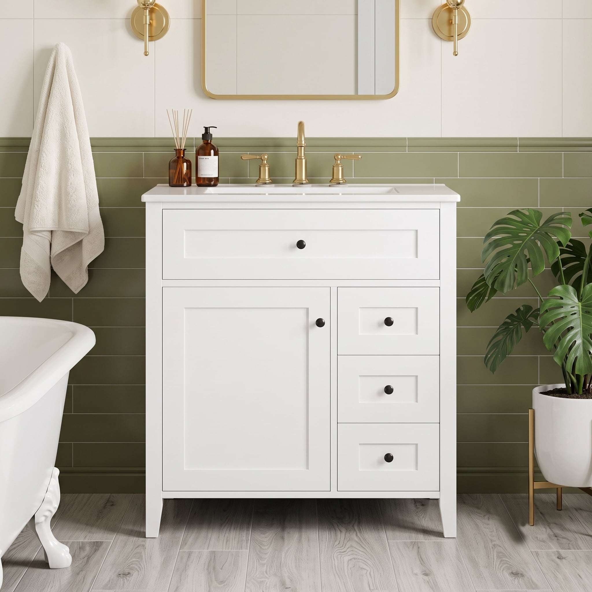 Anpport 30" Freestanding Bathroom Vanity with Sink, Modern MDF & Rubberwood Cabinet, 3 Drawers, Adjustable Shelf & Left‑Side Door, White
