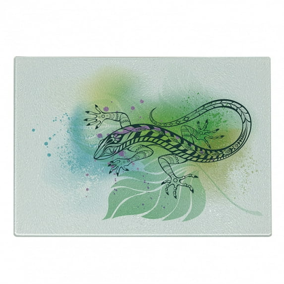 Salamander Cutting Board, Dark Grey Outline of a Lizard on Nature Tones Botanical Exotic Art, Decorative Tempered Glass Cutting and Serving Board, in 3 Sizes, by Ambesonne
