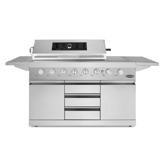 Cosmo 58 in. Newport Collection 6 Burner Propane Gas Grill, Side Griddle, Infrared Rotisserie, Knob LEDs, Stainless Steel