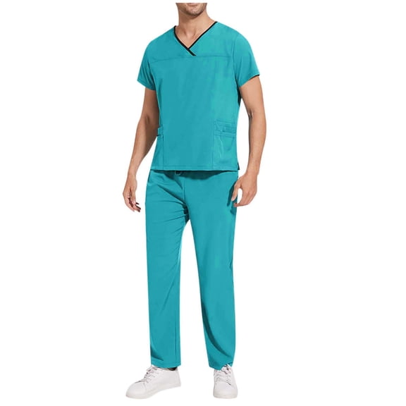 Kilaqueen Men's Solid Color V-neck Pocket Caregiver Short Sleeved Shirt Elastic Pants Sets