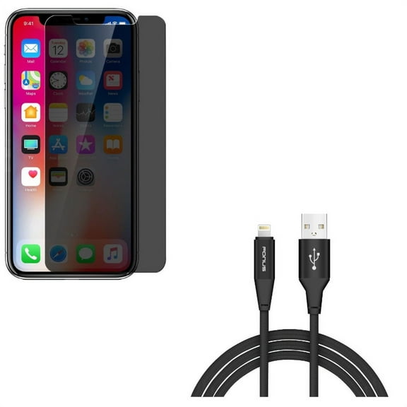 iPhone XS/X - Charger Cord 6ft USB Cable w Tempered Glass Privacy Screen Protector - Power Wire Braided Long Sync Fast Charge, Curved Anti-Spy Anti-Peep 3D Edge Case Friendly