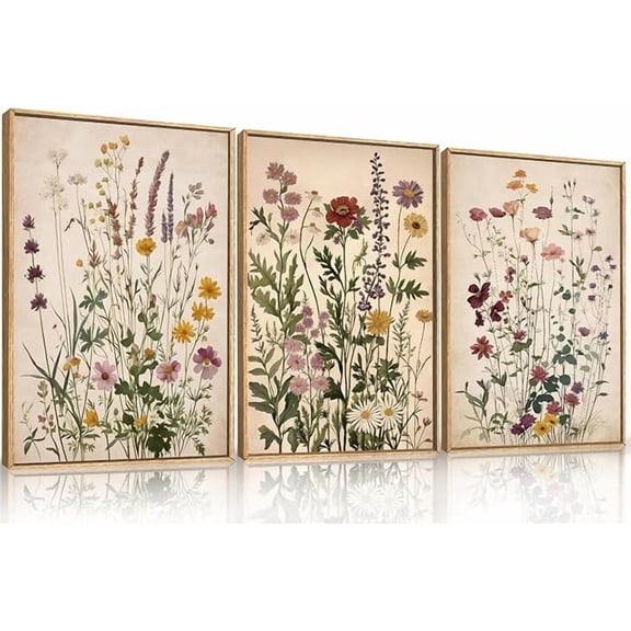 Vintage Wildflower Watercolor Framed Canvas Wall Art Set, Retro Flower Botanical Wall Decor, Colorful Floral Wall Painting, Flower Illustration Art Prints for Living Room, Bedroom 16"x24"x3